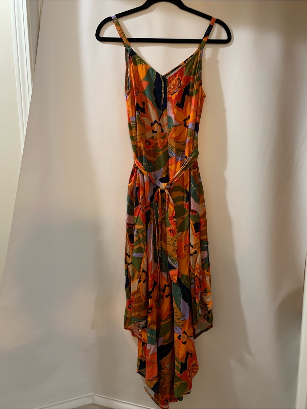 MSK Orange Floral Asymmetrical Slip Dress with Tie Waist
